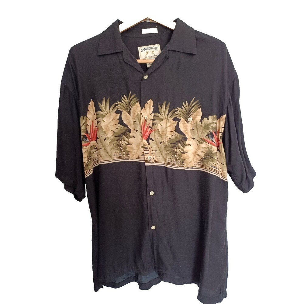 Babmoo Cay Mens L Resort Wear Shirt Tropical Black Bird of Paradise